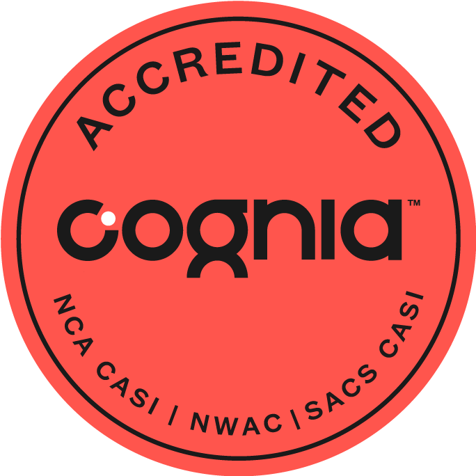 A red circle with the word accredited in black.